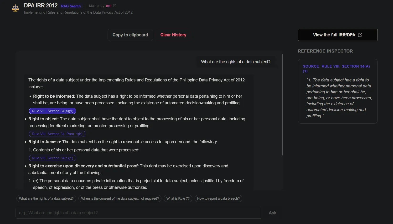 Screenshot of Data Privacy Act RAG